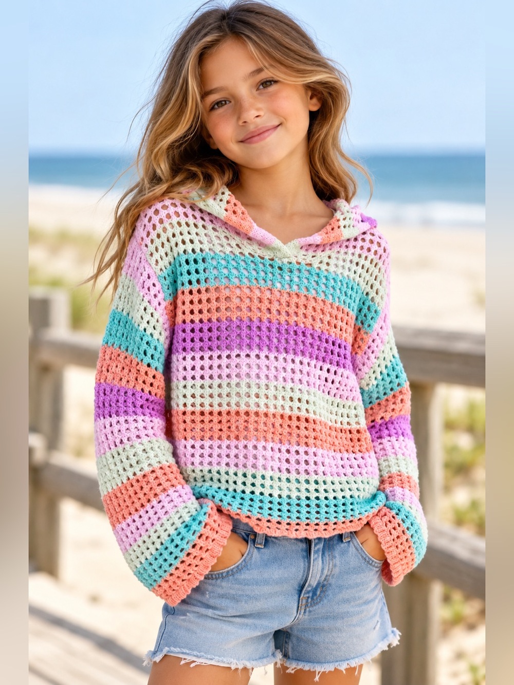Girls L 10/12 Pastel Crochet Hooded Knit Sweater Layering Striped Beach Boho Top